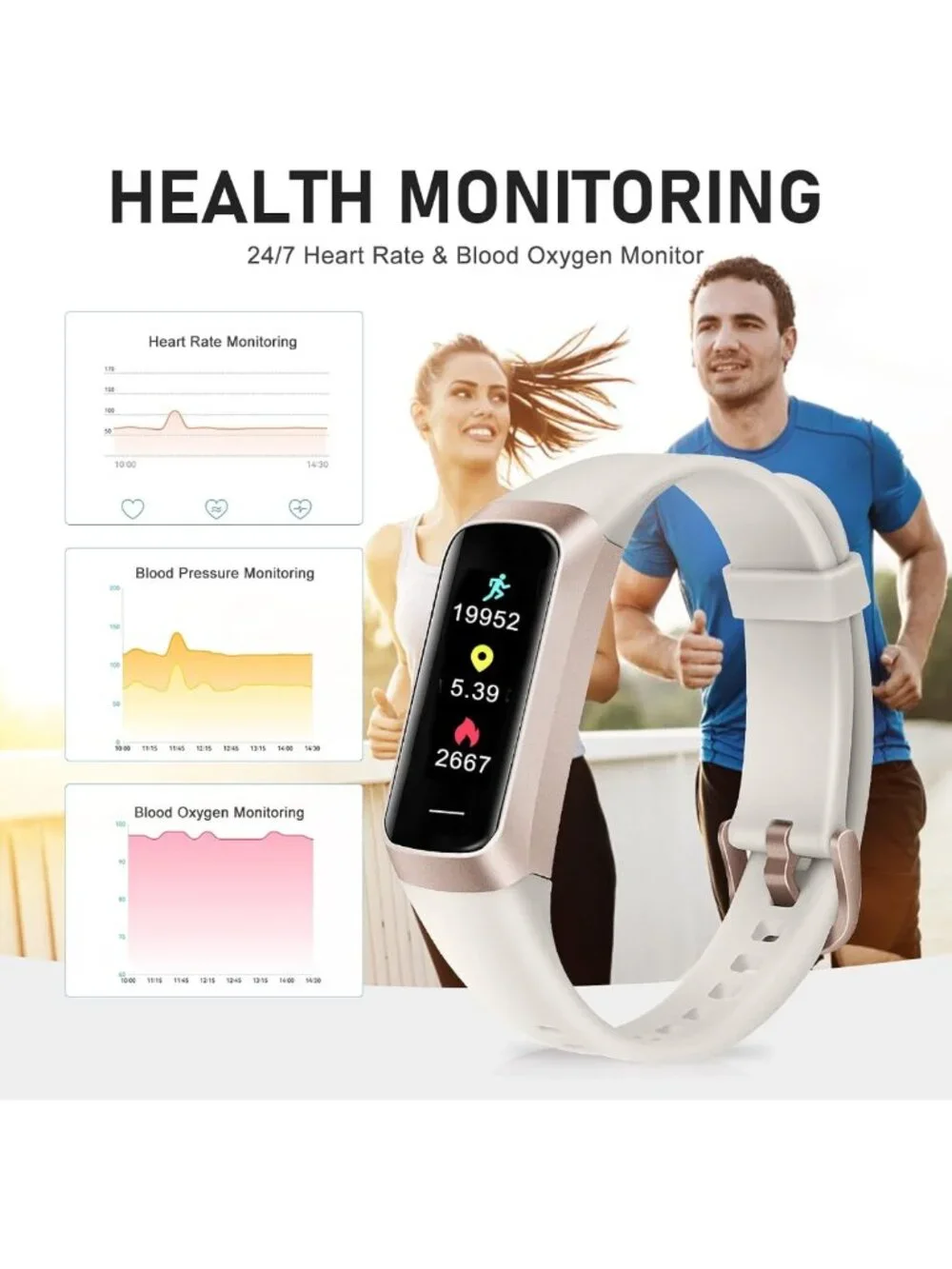24/7 Heart Rate & Blood Pressure Fitness Tracker, AMOLED Touch Screen Smart
